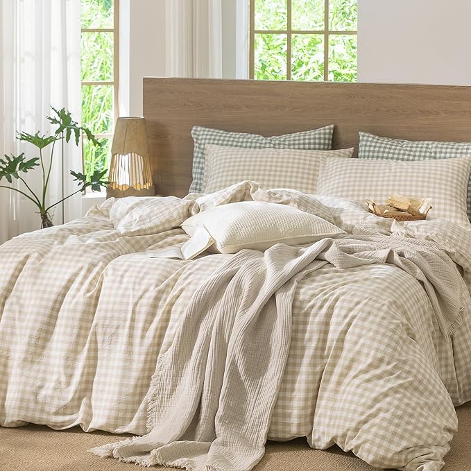 MooMee Gingham Duvet Cover Set 100% Washed Cotton Linen Like Textured Breathable Durable Soft Comfy Modern Checkered Design (Almond Milk Grey Gingham, Full 80"x90")