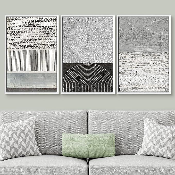 SIGNWIN Framed Canvas Print Wall Art Set Industrial Black & Gray Collage Abstract Geometric Illustrations Minimalism Modern Art Decorative Boho for Living Room, Bedroom, Office - 24"x36"x3 White