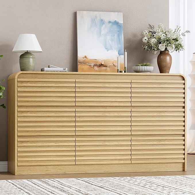 Fluted 9 Drawer Dresser for Bedroom, 59" Wide Wood Chests of Drawers with Curved Profile, Mid Century Modern Dresser with Large Storage & Hidden Handle for Living Room, Hallway, Natural Oak