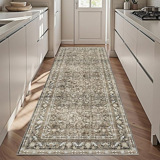 OPPODREAM Vintage Brown 3x6 Runner Rug, 3 x 6 Retro Washable Rug Non Slip, Low-Pile Faux Wool Carpet, Distressed Floor Mat for Kitchen, Hallway, Entry-Way, Entrance, Indoor Back Door