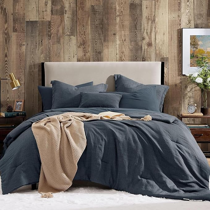 Geniospin Oversized King Comforter Set - 7 Pieces Navy Blue Oversized King Bedding Set, Solid Bed Set for All Season, Textured Bed in a Bag with Flat Sheet and Fitted Sheet, Pillowcases and Shams