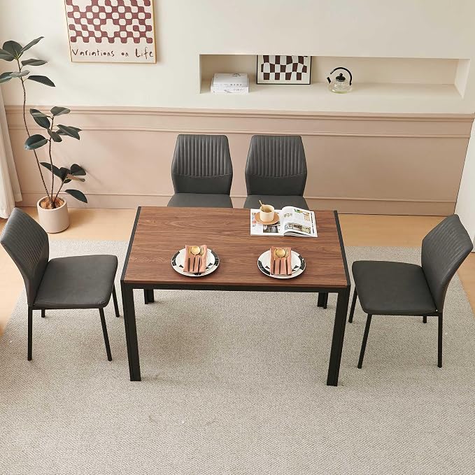 Dining Chairs Set of 4, PU Leather Dining Room Chairs, Comfortable Upholstered Kitchen Chair with Black Metal Legs for Living Room, Dining Room, Dark Grey