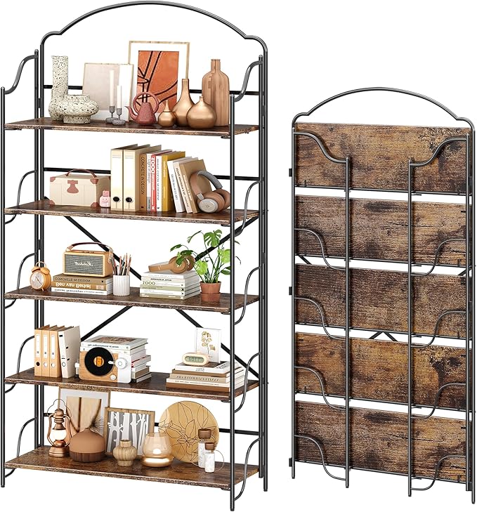 4NM No Assembly Extra Wide Folding Bookshelf for Living Room, 5 Tiers Collapsible Book Shelves Open Industrial Foldable Bookcase Storage Shelf for Home Office - Rustic Brown Black