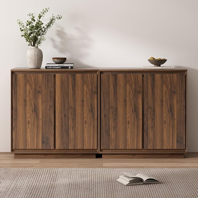 2pcs Sideboard Cabinet Buffet Cabinet with Storage with Adjustable Shelves and Handle-Free Design Suitable for Kitchens,Hallway,and Living Rooms Brown