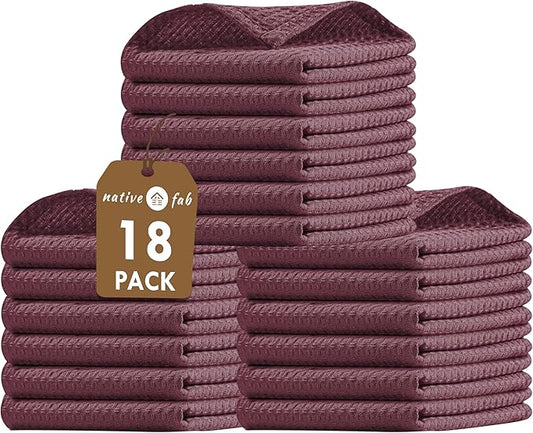 Native Fab 18 Pack Dish Cloths - 100% Cotton, Absorbent, Quick Drying, Soft & Washable Towels for Cleaning, Cooking & Baking - Perfect for Home, Restaurants, Bars, Versatile Uses, 12"x12", Burgundy