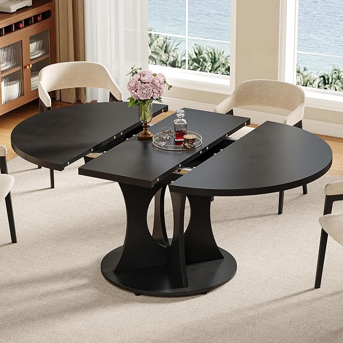 iPormis 43.3-59 Inch Extendable Round Dining Table for 6-8 People, Oval Dinner Table with Adjustable Top and A Stable Round Pedestal Base, Space Saving Wooden Kitchen and Dining Table, Black