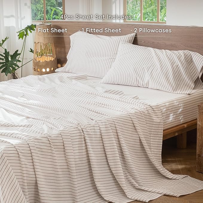 MooMee Striped Sheet Set 100% Washed Cotton Linen Like Textured Breathable Durable Soft Comfy (White Dark Orange Wide Stripes, King)
