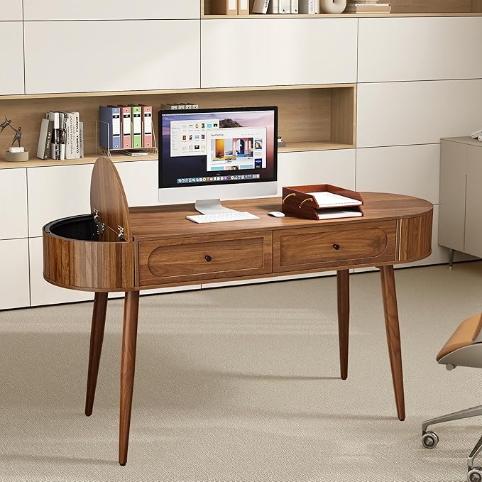 Mid-Century 59" Wood Writing Desk, Home Office Computer Laptop Desk with 2 Flip Storage Space + 2 Drawer, 150 CM Elegant Fluted Vanity Table Multifunctional Study Desk for Office, Bedroom (Wlanut)