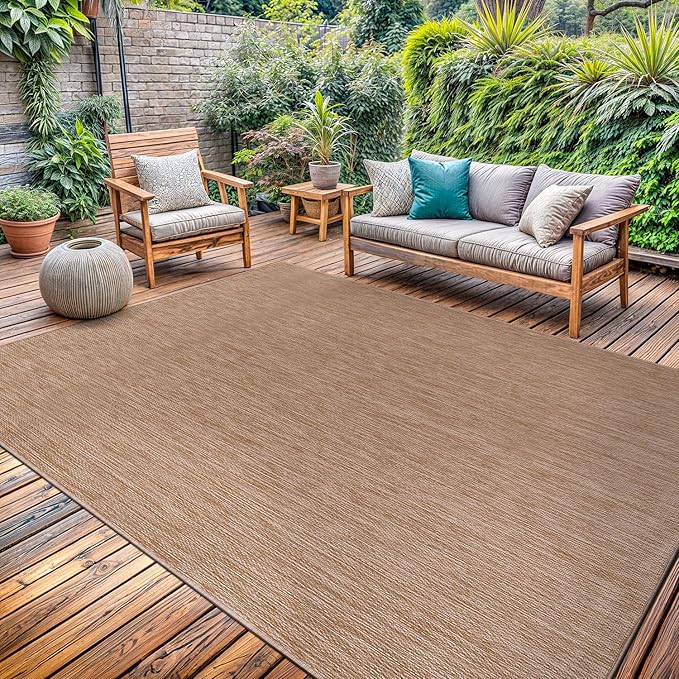 Washable Indoor Outdoor Rug 10x14 Weather Resistant Area Rugs Modern Solid Jute Rug for Porch Deck Balcony Backyard Patio Outside Carpet (10 X 14 Jute Beige)
