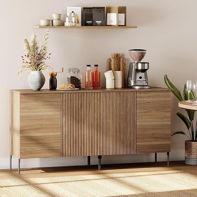 WAMPAT 63" Sideboard Buffet Cabinet with 4 Doors and Adjustable Shelves, Fluted Storage Cabinet, Modern Credenza Coffee Bar Wine Bar Table for Kitchen, Dining Room, Living Room, Light Walnut