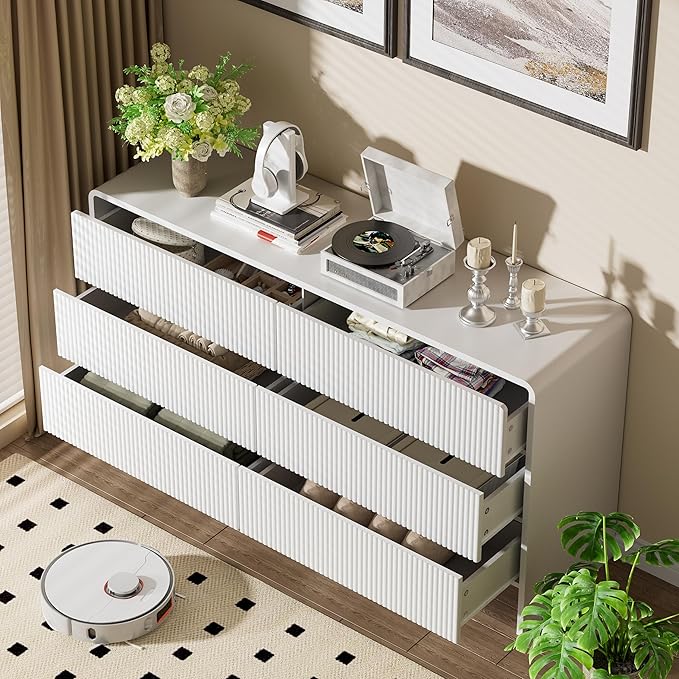 55" Wide Modern Dresser for Bedroom, 6 Drawer Chest of Drawers with Curved Design, Push-to-Open Storage Dresser, White