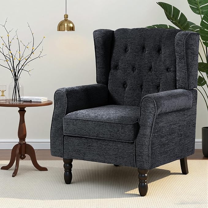 High Back Accent Chair, Accent Chair for Living Room, Button-Tufted Upholstered Fabric Armchair with Solid Wood Legs, Comfy Single Sofa Reading Chair for Bedroom,Black Blue