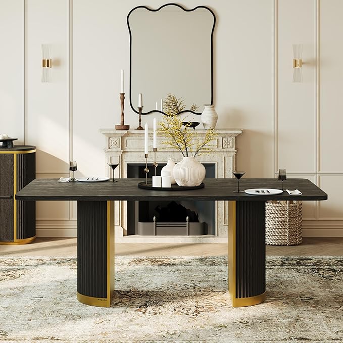 AUZ 78” Luxury Dining Table for 6-8, Farmhouse Wood Dining Room Table with Fluted Design and Brushed Metal Base, Large Rectangular Kitchen Table, Black and Gold