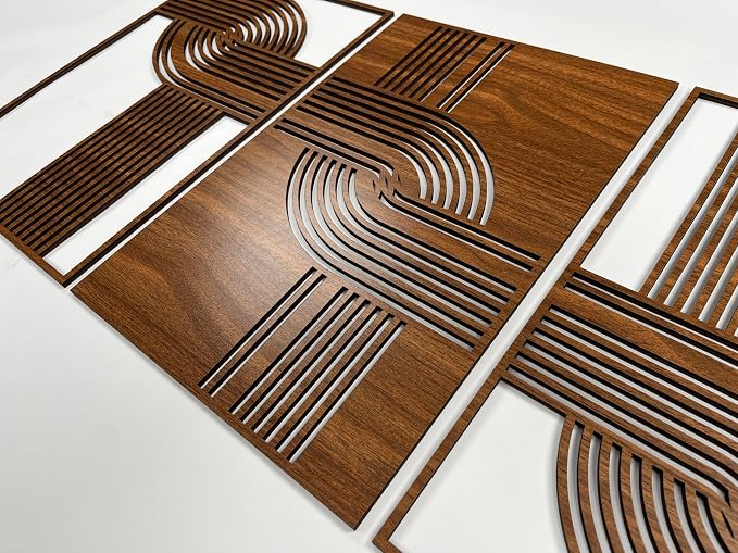 Abstract Wood Wall Art Set of 3, Geometric Curved Line Decorative Panels, Mid Century Modern Wooden Decor, Scandinavian New House Gift for Living Room and Bedroom