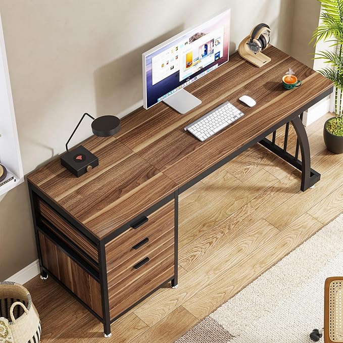 Tribesigns Computer Desk with 3 Drawers, 59-Inch PC Desk with Reversible Drawers, Industrial Study Writing Table Workstation with File Storage for Home Office, Walnut