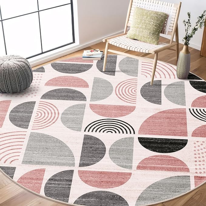 MUJOO Round Rugs 6ft,Circle Area Rug Washable,Circular Rugs for Living Room Dining Room,Large Boho Non Slip Throw Floor Carpet Modern Abstract Pink and Grey