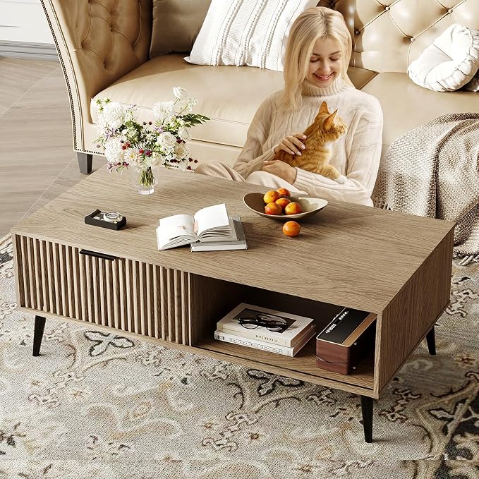 Coffee Table with Storage, Wooden Coffee Tables with Sliding Door and Solid Wood Legs, 2-Tier Cocktail Table, Mid Century Modern Coffee Table for Living Room, Home Office, Farmhouse, Natural
