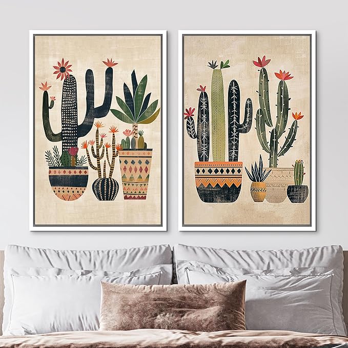 MUDECOR Framed Canvas Print Wall Art Set Mexican Cactus Tropical Botanical llustrations Modern Art Decorative Bohemian Calm/Zen for Living Room, Bedroom, Office - 16"x24"x2 White