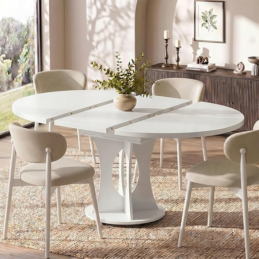 Einhomn 43-59" Extendable Round Dining Table, Kitchen Table for 4-8, Farmhouse Circle Dining Room Table with Removable Leaves, Hidden Storage, Space Saving Wood Kitchen & Dining Room Furniture, White