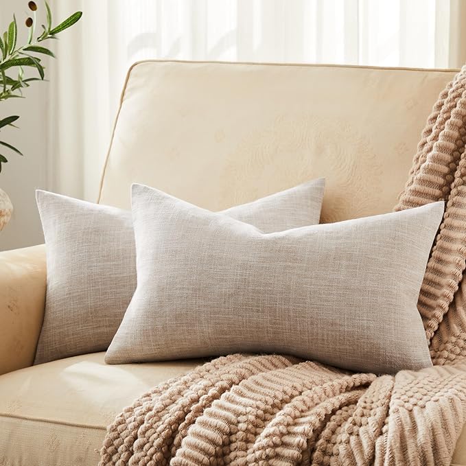 ZeeMart Rustic Cotton Linen Lumbar Throw Pillow Covers Set of 2, 12x20 Inch Taupe, Farmhouse Style Decorative Couch Pillow Cases Beige Cushion Covers for Sofa Bed Living Room Home Decor