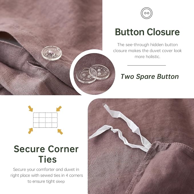 Simple&Opulence 100% Linen Duvet Cover Set, 3 PCS Natural French Flax Purple Duvet Cover Queen Size, Breathable Soft Comfy Linen Bedding Comforter Cover with 2 Pillowcases(Purple, 88"x92")