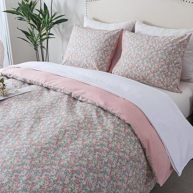 HoneiLife Floral Duvet Cover King - 100% Cotton Comforter Cover, Soft & Breathable Bedding Duvet Cover Sets with Zipper Closure & Corner Ties,3-Piece Wildflower Comforter Cover Sets, Rose
