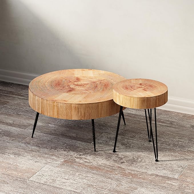 LONYKE 2-Piece Modern Farmhouse Living Room Coffee Table Set, Nesting Table Round Natural Finish with Handcrafted Wood Ring Motif, Light Red + Wood Color