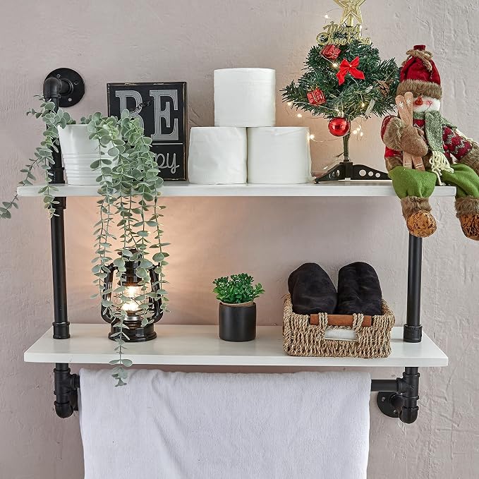 ROGMARS White Floating Wall Shelves Industrial Pipe Shelving 30 Inch Wood Bathroom Shelves with Towel Bar Over Toilet, Rustic Farmhouse Pipe Wall Shelves for Kitchen Living Room (30inch 2 Tier)