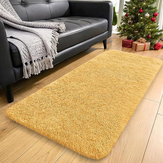 OLANLY 2x4 Machine Washable Runner Rugs for Hallway, Soft Fluffy Shaggy Bedside Rugs for Bedroom, Living Room, Indoor Floor Carpet for Kids Girls and Boys, Home Decor Aesthetic, Mustard Yellow