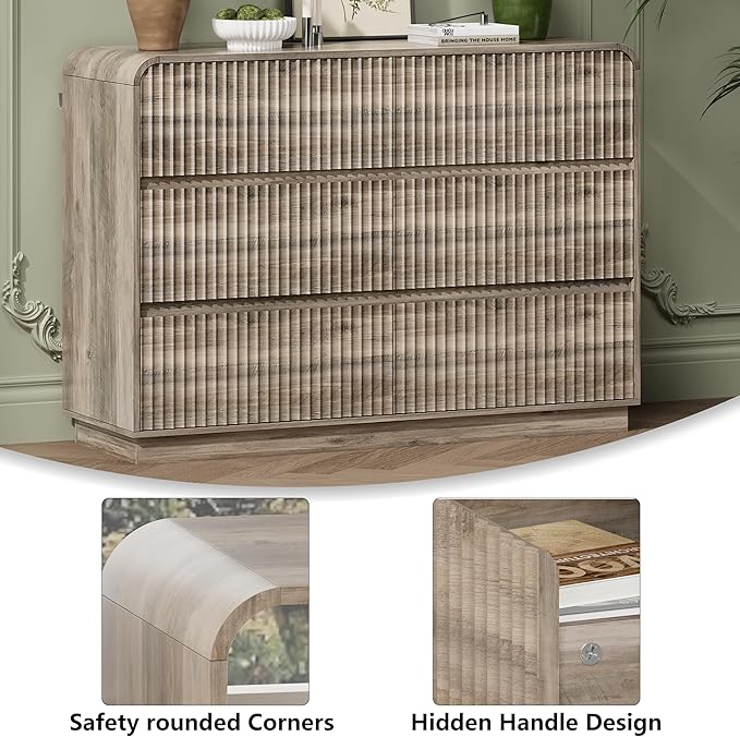 Grey Dresser Fluted 6 Drawers Dresser for Bedroom, 47" Wide Wood Chest of Drawers with Hidden Handles & Rounded Corners, Modern TV Stand Storage Cabinet for Living Room, Hallway, Entryway