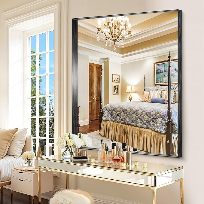 CIRCUMI Black Bathroom Mirror, 40"x48" Rectangular Mirror with Deep Metal Frame, Brushed Finish, Tempered Glass, Large Mirror for Wall, Over 2 Sinks, Installed Vertically/Horizontally, Crystal-Clear