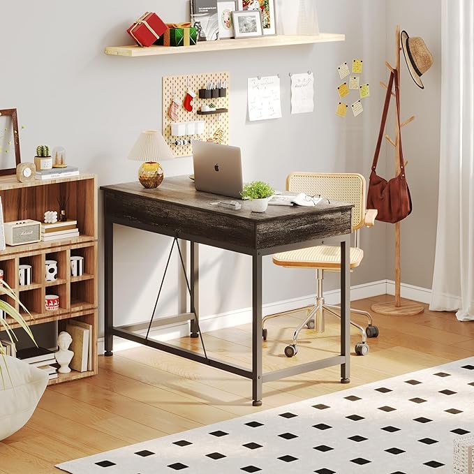 Mexin Small Desk with 2 Wooden Drawers, 40 Inch Home Office Writing Desk, Vanity Desk with Storage, Computer Desk for Bedroom Small Spaces, Table for Office, Work, Kids Study, Makeup, Gray Oak
