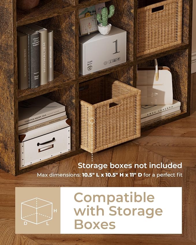 GTPLAYER 9-Cube Storage Organizer, Fits 11" Bins, Vertical or Horizontal Use, Opening Bookshelf, Partial Back Panels, Stackable Design Bookcase, for Living Room, Media Console, Hallway, Rustic Brown