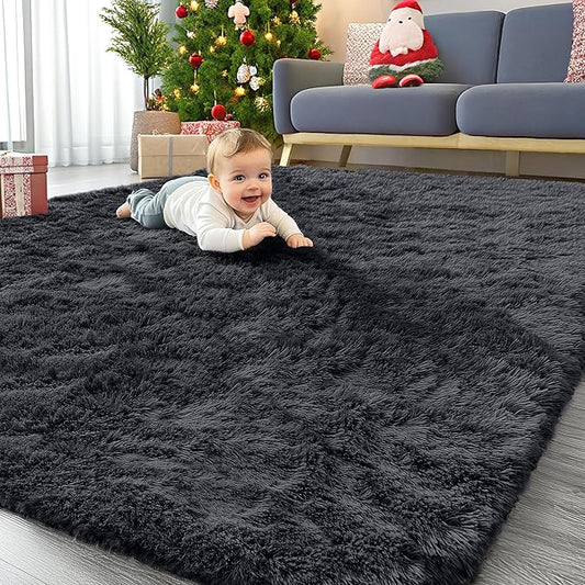 OLANLY 6x6 Area Rugs for Living Room Bedroom, Machine Washable Soft Fluffy Shaggy Bedside Rug, Indoor Floor Carpet for Kids Girls and Boys, Dorms, Nursery Rooms, Home Decor Aesthetic, Black