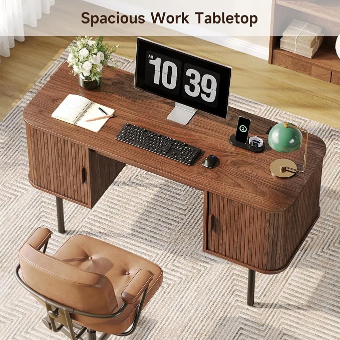 63 Inch Fluted Computer Desk with Power Outlets,Mid Century Wood Office Desk with Storge Cabinets & Sliding Door,Large Executive Desk for Office, Study, Living Room, Bedroom, Walnut