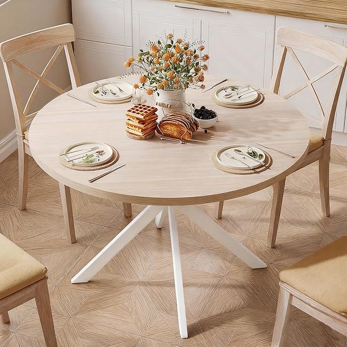 ChooChoo 47.2 Inch Round Dining Table for 4, Farmhouse Wood Kitchen Table, Circle Dinner Table for Kitchen & Dining Room, Natural Oak&White
