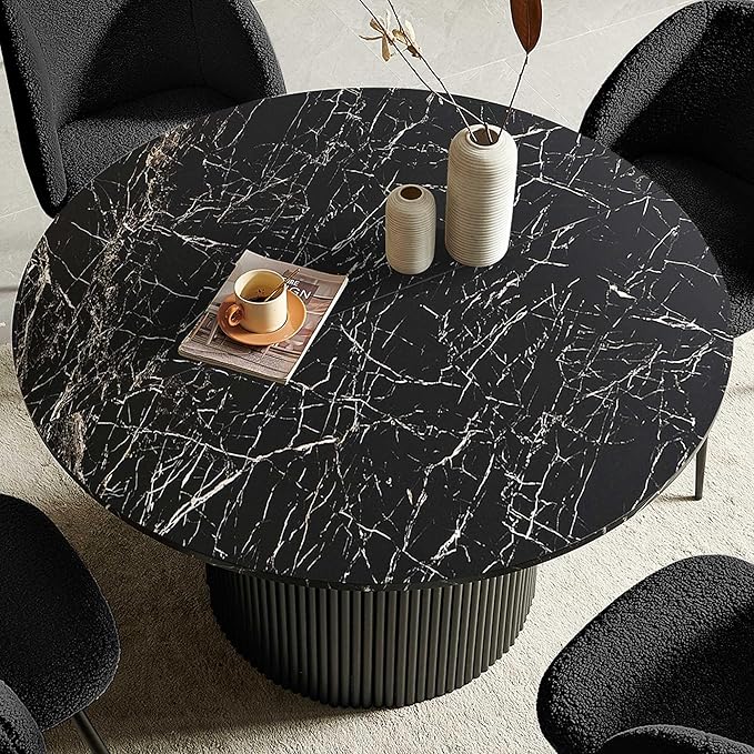 Black Dining Table Set for 4, 5-Piece Mordern Kitchen Dining Room Table Set, 47-Inch Round Breakfast Nook Dinner Table Fluted and Upholstered Sherpa Fabric Dining Armchairs Set