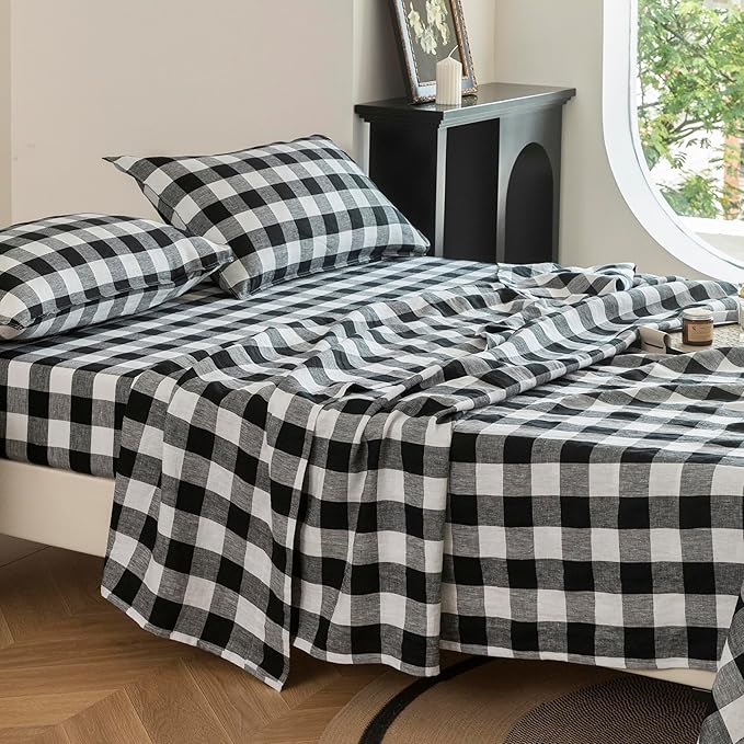 EVERLY Linen Sheets Set King Size,100% French Stonewash Pure Linen Bed Sheets,4Pieces (1Flat Sheet,1Fitted Sheet,2Pillowcase) Suitable for Hot Sleepers,Deep Pocket Natural Bedding Set-Black Plaid