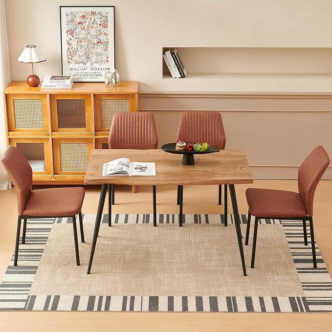 Dining Table Set for 4, Modern Wood Irregular Rectangle Dining Table,Leather Dining Chairs 4,Table and Chairs Set of 4 for Kitchen Dining Room, Brown