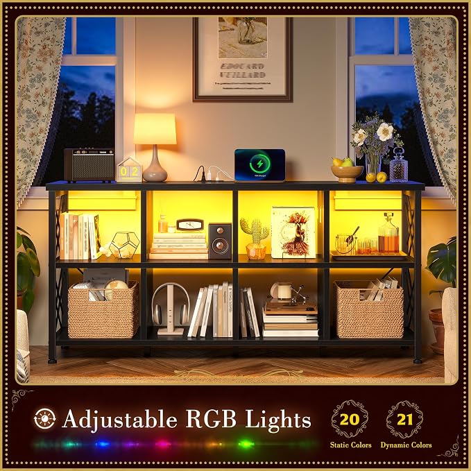 DurayLoly 8 Cube Shelf Organizer with LED Light and Charging Station, Wood and Metal Cube Shelf as Long Horizontal Book Shelf for Bedroom Home Office, Black