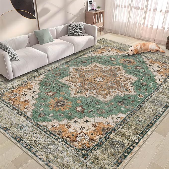 Area Rug 6x9 Vintage Rug: Washable Indoor Medallion Rugs Low Pile Distressed Floor Carpet Retro Accent Rug for Living Room Bedroom Kitchen Dining Table Home Office(Brown Green, 6'x9')