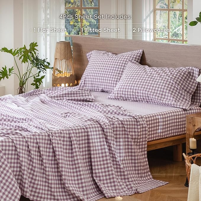 MooMee Gingham Sheet Set 100% Washed Cotton Linen Like Textured Breathable Soft w/Fully Elasticized 16-19" Deep Pocket (Classic Gingham Light Purple, King)