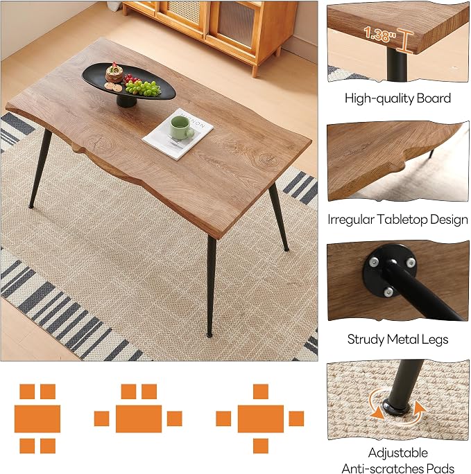 Dining Table Set for 4, Modern Wood Irregular Rectangle Dining Table, Linen Fabric Dining Chairs 4,Table and Chairs Set of 4 for Kitchen Dining Room, Black
