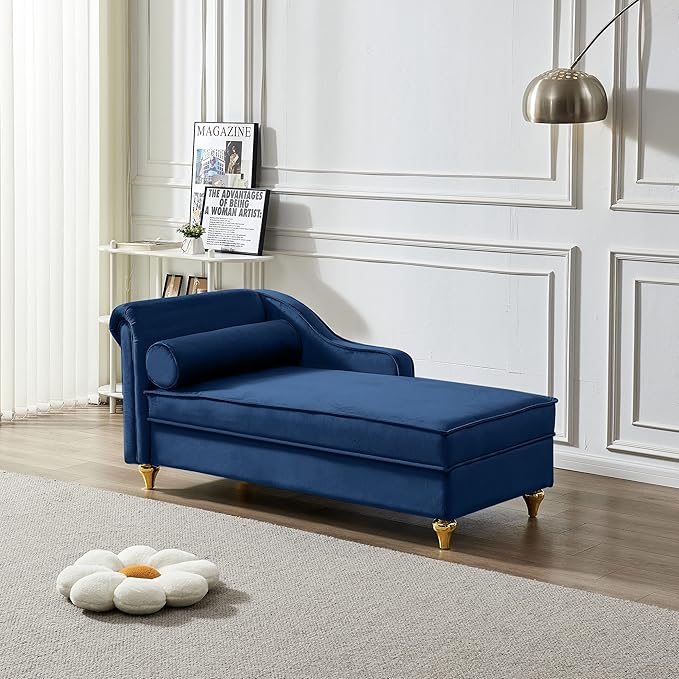 60.6''Velvet Chaise Lounge Indoor, Modern Velvet Lounge Chair with Left Armrest & Lumbar Pillow,Button Tufted Lounge Sofa with Storage for Bedroom, Living Room and Office，Navy Blue