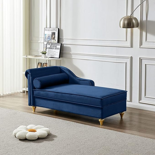 60.6''Velvet Chaise Lounge Indoor, Modern Velvet Lounge Chair with Left Armrest & Lumbar Pillow,Button Tufted Lounge Sofa with Storage for Bedroom, Living Room and Office，Navy Blue