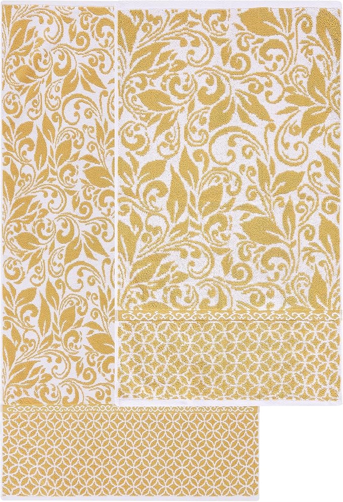 Modern Threads Trefoil Filigree 6-Piece 100% Cotton Towel Set – Reversible Yarn Dyed Jacquard – Includes 2 Bath Towels, 2 Hand Towels, 2 Washcloths – Absorbent, Quick Dry, Soft & Durable – Gold