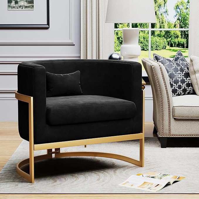 Velvet Accent Chair Gold Modern Barrel Chair Upholstered Arm Chairs for Bedroom Living Room Sofa Chair Club Chairs Black