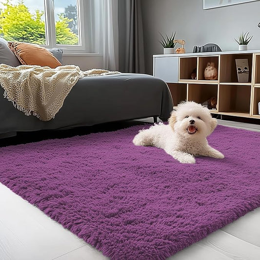 OLANLY 3x5 Machine Washable Small Bedside Rug, Soft Fluffy Shaggy Rugs for Living Room, Bedroom, Indoor Floor Carpet for Kids Girls and Boys, Preppy Dorms, Nursery, Home Decor Aesthetic, Dark Purple