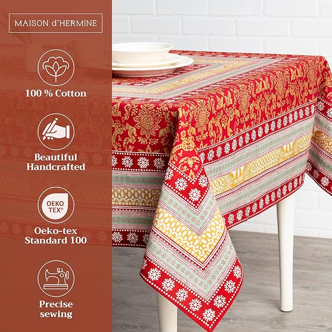 Maison d' Hermine Table Cloth Rectangle Table 100% Cotton 60 x 108 Inches Fall Tablecloth Reusable Everyday Use for Thanksgiving Christmas Decorations Dining Farmhouse Party (Sofia)