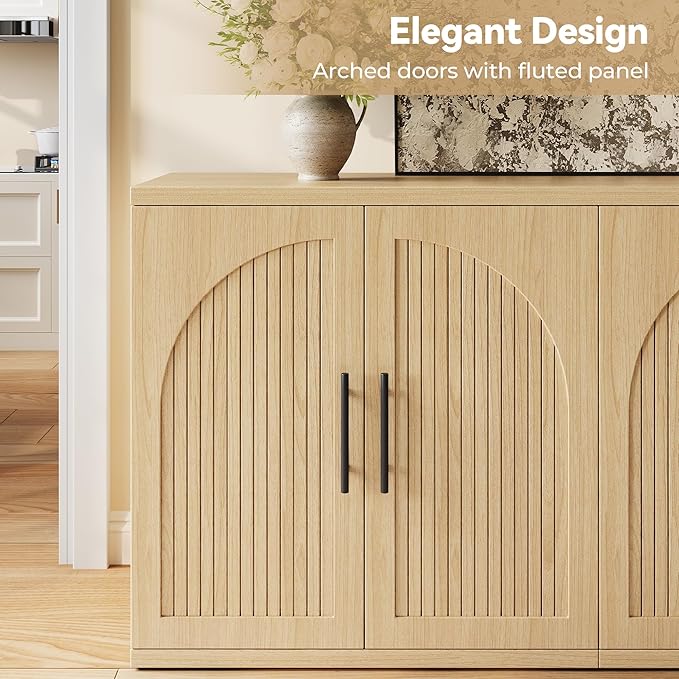 63" Fluted Buffet Cabinet with Storage, Modern Symmetrical Arched Sideboard Credenza with Adjustable Shelf, Elegant Wood Console Table for Dining Room, Kitchen, Living Room(Oak)